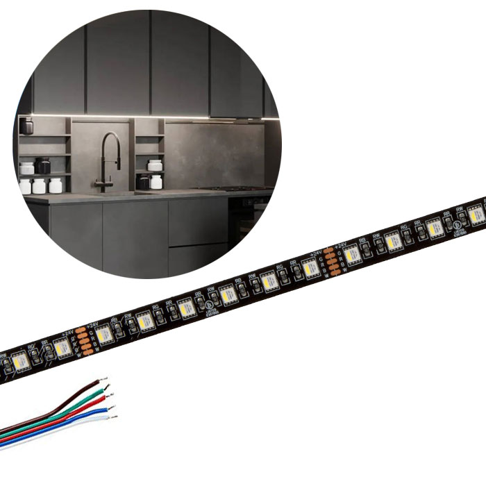 5m Black PCB RGBW LED Strip Light - 5050 Color-Changing LED Tape Light - 24V - IP20