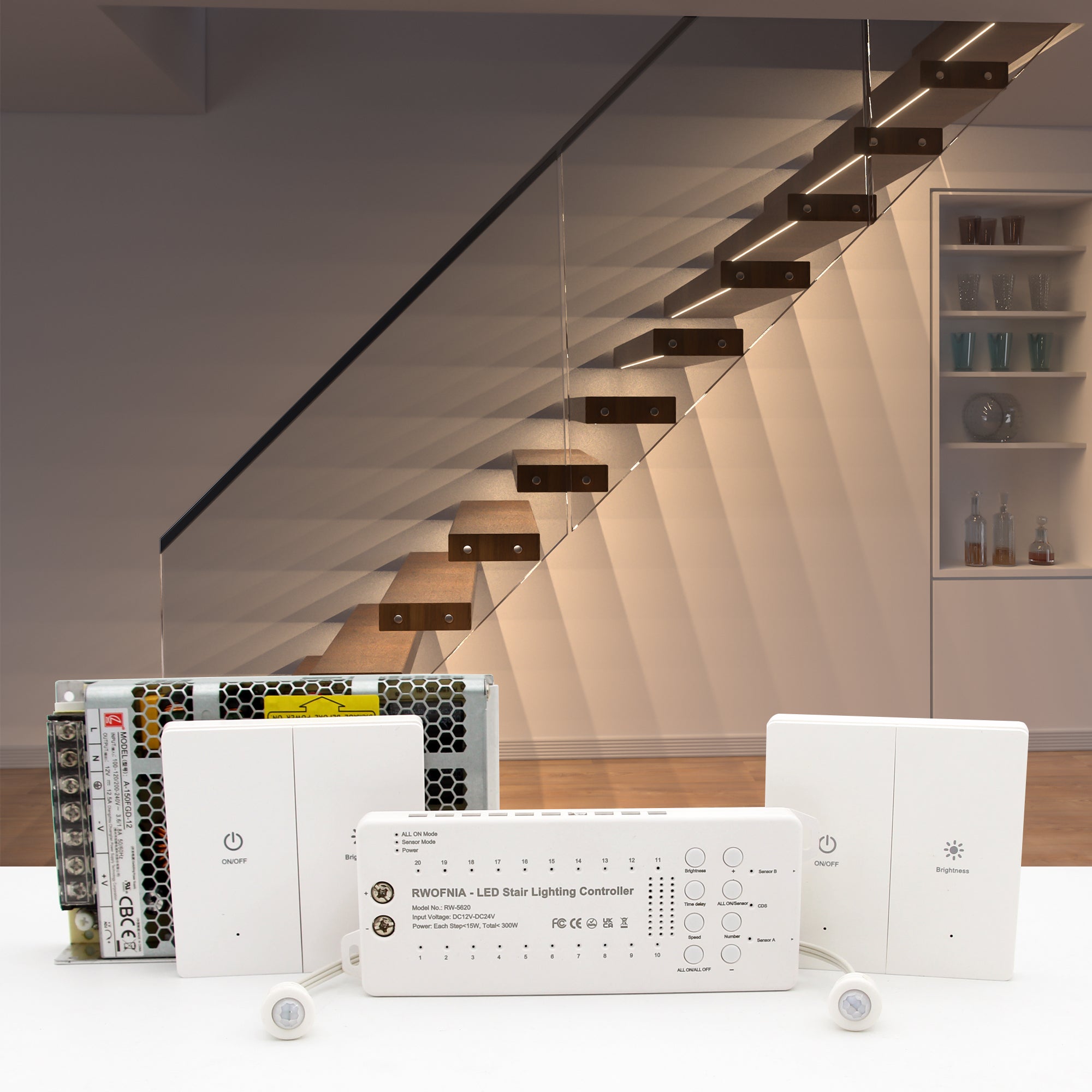 Intelligent Motion Sensor LED Stair Lighting Kit RW-5620, 40 Inch Long Cuttable LED Light for Indoor LED Step Lights LED Stair Lights
