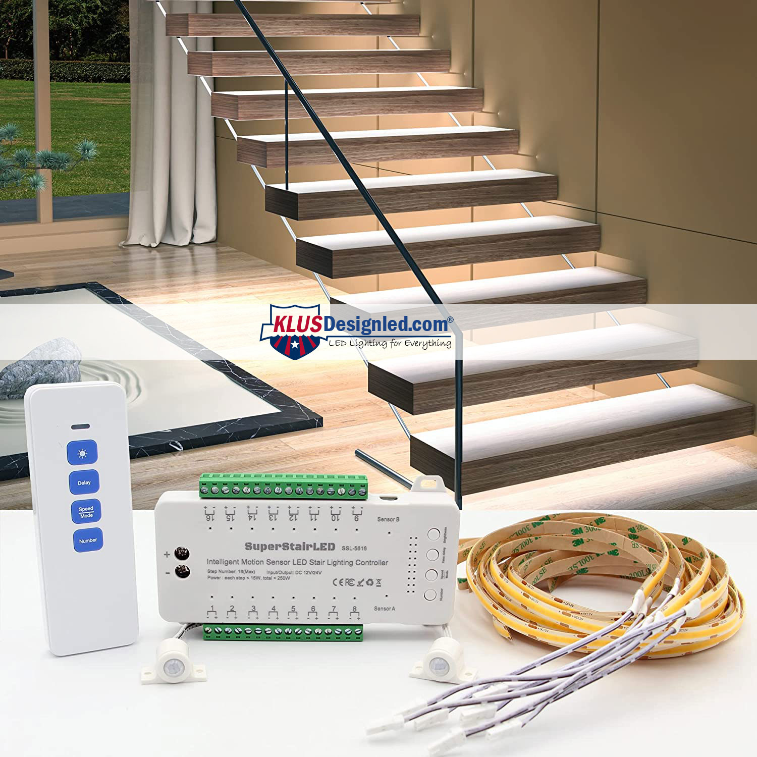 KlusDesignled Intelligent Motion Sensor LED Stair Lighting Complete Set SSL-5616, 40 Inches Long Cuttable LED Strip Light for Indoor LED Stair Lights LED Step Lights